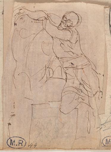 FEUILLE DE QUATRE CROQUIS : PERSONNAGES DRAPES ET ASSIS ; ENFANT NU A DEMI-ALLONGE ; HOMME APPUYE CONTRE UN TORSE ; DRAPE_2
