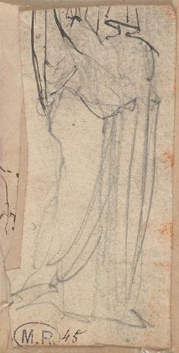 FEUILLE DE QUATRE CROQUIS : PERSONNAGES DRAPES ET ASSIS ; ENFANT NU A DEMI-ALLONGE ; HOMME APPUYE CONTRE UN TORSE ; DRAPE_3