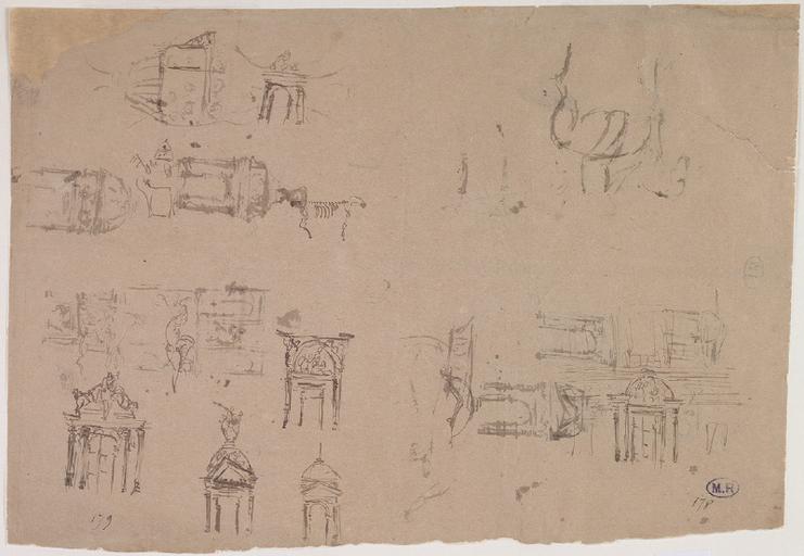 FEUILLE DE CROQUIS : DIVERS PORTIQUES ET FRONTONS, CAVALIER ET SQUELETTE D'ANIMAL AU RECTO ET AU VERSO_0