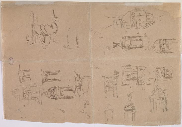 FEUILLE DE CROQUIS : DIVERS PORTIQUES ET FRONTONS, CAVALIER ET SQUELETTE D'ANIMAL AU RECTO ET AU VERSO_1