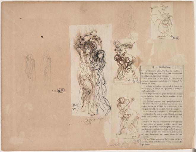 FEUILLE DE CROQUIS : DEUX CROQUIS D'UN PERSONNAGE DANS L'ATTITUDE D'ADAM ; DEUX PERSONNAGES SE DISPUTANT UN ENFANT ; QUATRE SCENES DU MASSACRE DES INNOCENTS_0