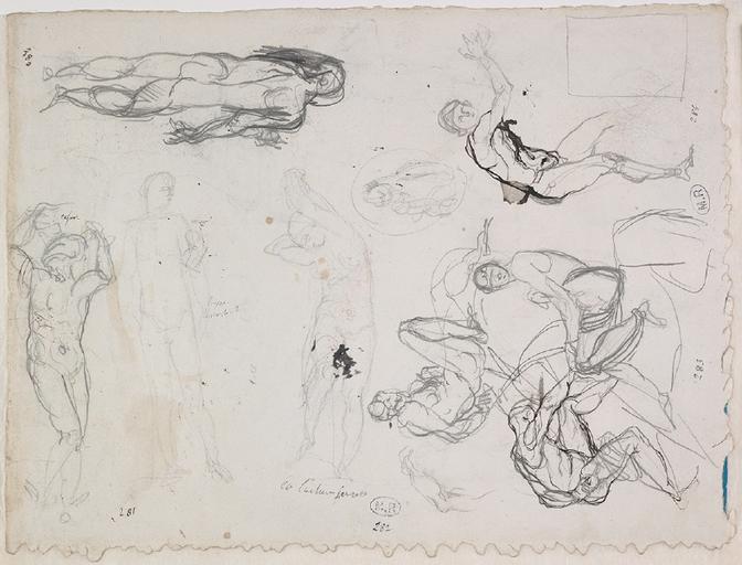 FEUILLE DE CROQUIS D'APRES MICHEL-ANGE, NEUF PERSONNAGES DANS DES ATTITUDES DIFFERENTES_0