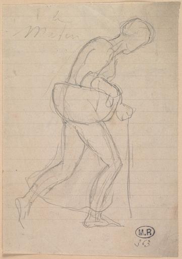 LE MATIN : FEMME AGEE MARCHANT, UN PANIER AU BRAS, UNE CANNE A LA MAIN AU RECTO ; ESQUISSE D'UN CHEVAL AU VERSO_0