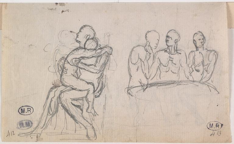 ASSEMBLEE D'HOMMES NUS ASSIS AUTOUR D'UNE TABLE AU RECTO ; TROIS HOMMES AUTOUR D'UNE TABLE ; PERSONNAGE ETREIGNANT UN ENFANT SUR SES GENOUX AU VERSO_3