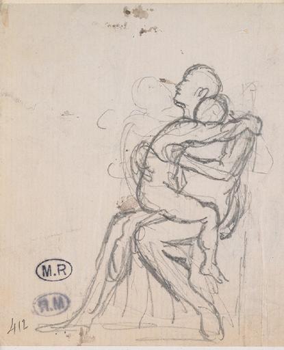 ASSEMBLEE D'HOMMES NUS ASSIS AUTOUR D'UNE TABLE AU RECTO ; TROIS HOMMES AUTOUR D'UNE TABLE ; PERSONNAGE ETREIGNANT UN ENFANT SUR SES GENOUX AU VERSO_1