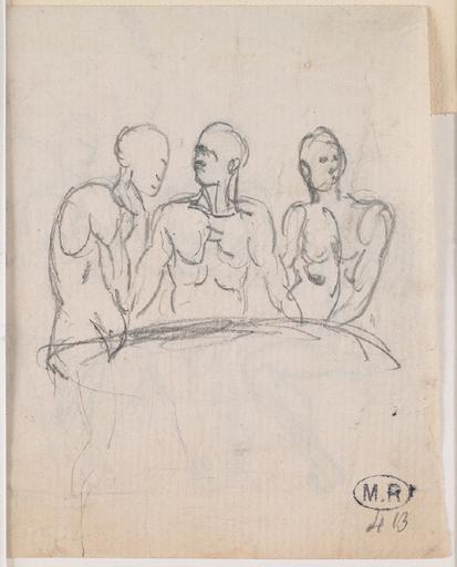 ASSEMBLEE D'HOMMES NUS ASSIS AUTOUR D'UNE TABLE AU RECTO ; TROIS HOMMES AUTOUR D'UNE TABLE ; PERSONNAGE ETREIGNANT UN ENFANT SUR SES GENOUX AU VERSO_2