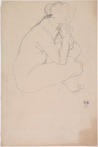 FEMME NUE ASSISE EN TAILLEUR VERS LA DROITE, LES MAINS JOINTES SOUS LE MENTON_0