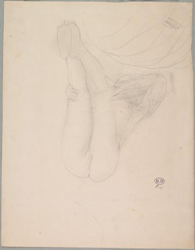 FEMME NUE SUR LE DOS, AUX JAMBES DRESSES ; UNE DRAPERIE OCCUPE L'ANGLE SUPERIEUR DROIT_0