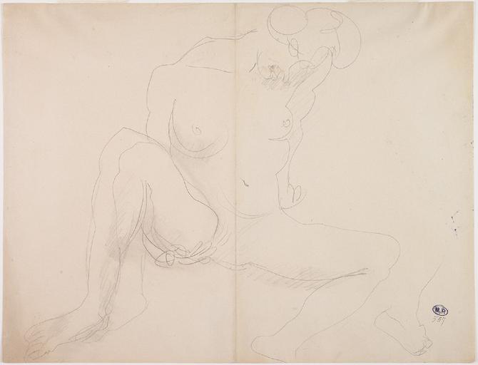 FEMME NUE ASSISE, DE FACE, UNE MAIN SOUS LA CUISSE DROITE ; REPRISE DU PIED GAUCHE, EN BAS A DROITE_0