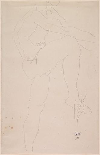 HOMME NU DEBOUT, DE PROFIL A DROITE, BRAS TENDUS, UNE JAMBE LEVEE (LA TETE EST COUPEE PAR LE BORD DE LA FEUILLE)_0