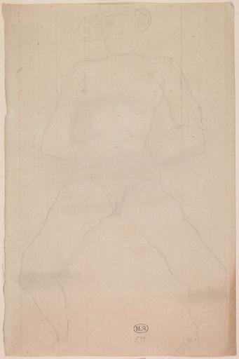 FEMME NUE ASSISE, DE FACE, MAIN AU DOS, JAMBES OUVERTES_0