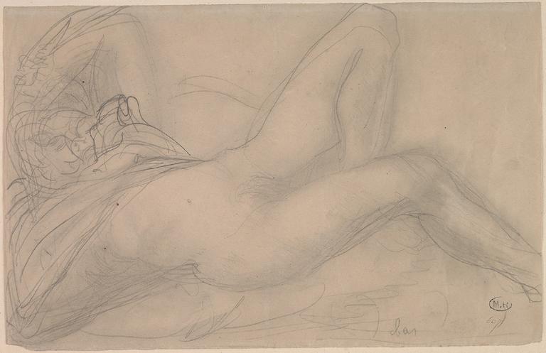 FEMME NUE ALLONGEE VERS LA DROITE, UN VETEMENT RETROUSSE JUSQU'AUX SEINS_0