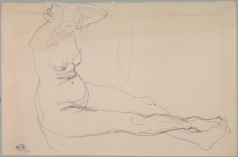 FEMME NUE A DEMI ALLONGEE VERS LA DROITE, LES MAINS A LA CHEVELURE_0