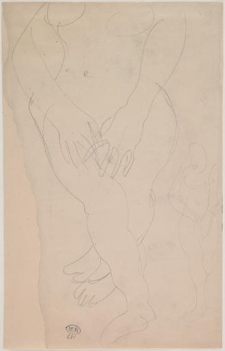 FEMME NUE DEBOUT, LES MAINS DEVANT LE SEXE (LA TETE EST COUPEE PAR LE BORD DE LA FEUILLE) ; REPRISE DE LA SILHOUETTE SUR LA DROITE_0