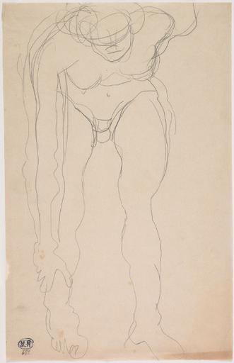 FEMME NUE DE FACE, PENCHEE EN AVANT UNE MAIN A LA CHEVILLE_0