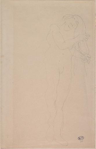 FEMME NUE DEBOUT, DE FACE, LES MAINS A LA CHEVELURE_0