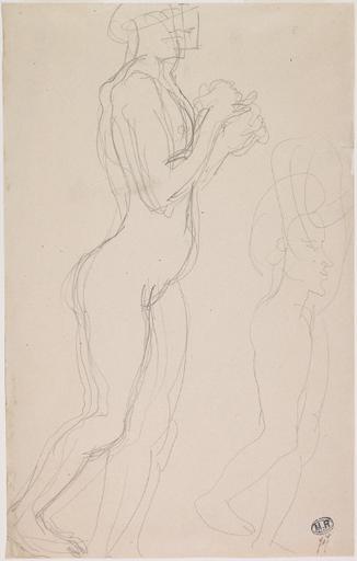 FEMME NUE DEBOUT DE PROFIL VERS LA DROITE, LES AVANT BRAS REPLIES ; REPRISE DU VISAGE ET DES JAMBES SUR LA DROITE_0