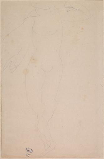 FEMME NUE DEBOUT, DE FACE, AUX JAMBES CROISEES ; LE VISAGE EST COUPE PAR LE BORD DE LA FEUILLE ; REPRISE DE LA MAIN DROITE A GAUCHE_0