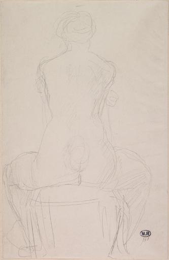 FEMME NUE DE DOS, ASSISE A CALIFOURCHON SUR UNE CHAISE_0
