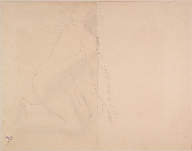 FEMME NUE AGENOUILLEE VERS LA DROITE, MAINS AU SOL_0