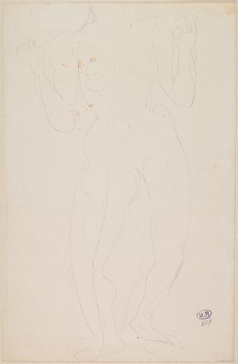 FEMME NUE DEBOUT, DE FACE, LES MAINS AUX EPAULES ; LE VISAGE EST COUPE PAR LE BORD DE LA FEUILLE_0