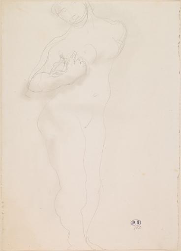 FEMME NUE DEBOUT TOURNEE VERS LA DROITE, UNE MAIN PRES D'UN SEIN_0