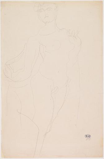 FEMME NUE DEBOUT, RETENANT UN VETEMENT DERRIERE ELLE_0