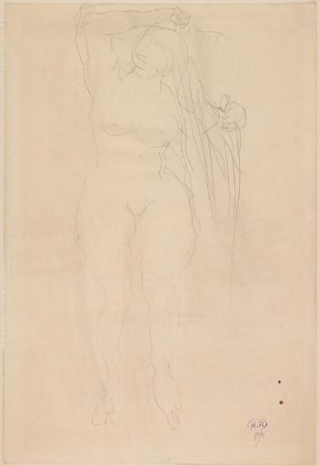 FEMME NUE DEBOUT, DE FACE, PEIGNANT SA LONGUE CHEVELURE_0