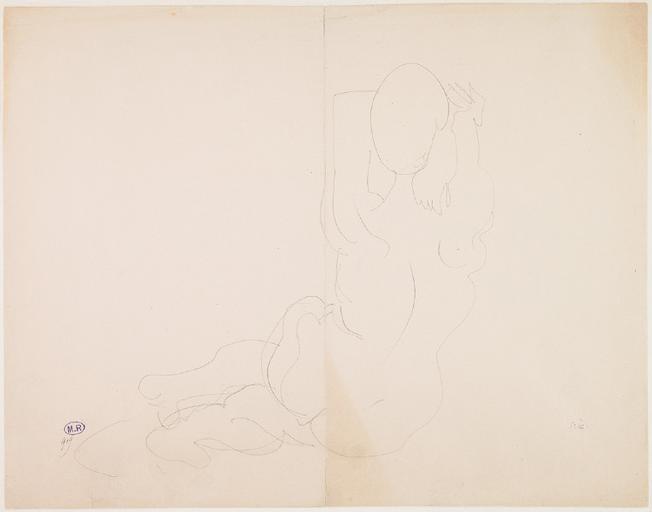 FEMME NUE ASSISE DE DOS, VERS LA GAUCHE, LES BRAS LEVES_0