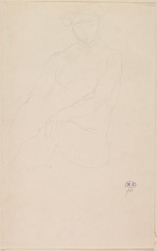 FEMME NUE ASSISE VERS LA GAUCHE, UNE MAIN AU GENOU_0