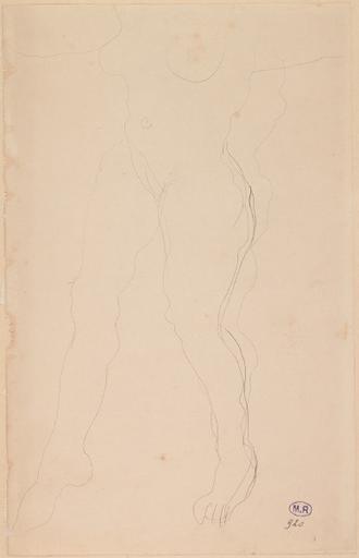 FEMME NUE DEBOUT, BRAS ET JAMBES ECARTES ; LA TETE EST COUPEE PAR LE BORD DE LA FEUILLE_0