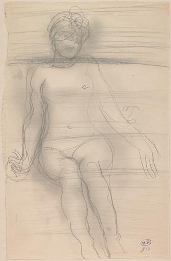 FEMME NUE ASSISE, DE FACE ; TRAITS HORIZONTAUX SUR TOUTE LA FEUILLE_0