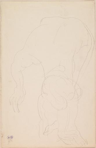 FEMME NUE DE FACE, PENCHEE EN AVANT, UNE MAIN AU SOL_0