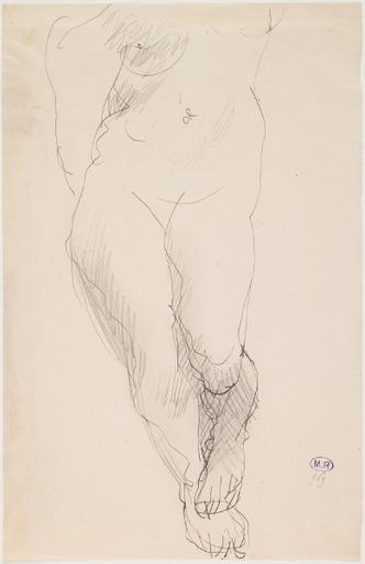 FEMME NUE DEBOUT, DE FACE, UN PIED POSE SUR L'AUTRE ; LE BUSTE ET LA TETE SONT COUPES PAR LE BORD DE LA FEUILLE_0