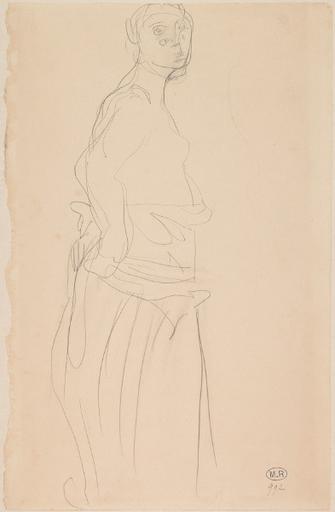 FEMME DEBOUT, DE PROFIL A DROITE, MAINTENANT UN VETEMENT SUR LES HANCHES_0