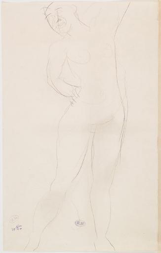 FEMME NUE ALLONGEE SUR LE VENTRE VERS LA DROITE AU RECTO ; FEMME NUE DEBOUT, DE FACE UNE MAIN A LA HANCHE, UN BRAS LEVE AU VERSO_1