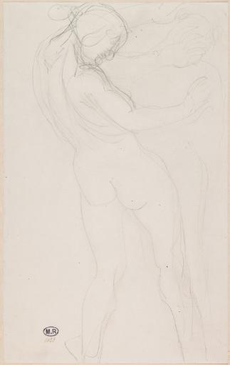 FEMME NUE DE DOS, LES MAINS TENDUES VERS LA DROITE ; PERSONNAGE EN RETRAIT A DROITE (?)_0