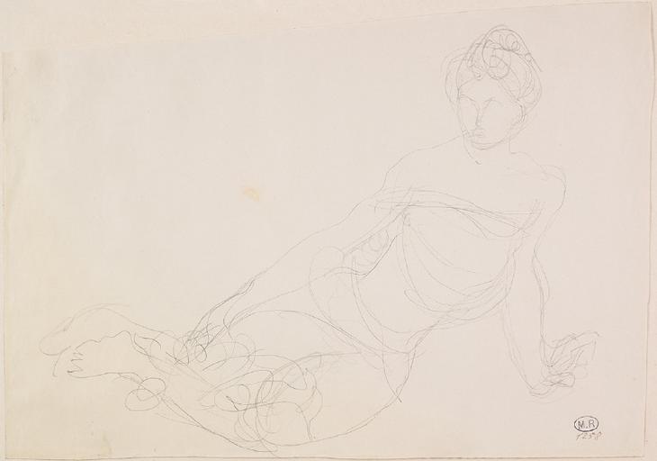 FEMME DRAPEE A DEMI ALLONGEE VERS LA GAUCHE, EN APPUI SUR UNE MAIN_0