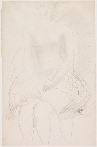 FEMME NUE ASSISE DE FACE, UN VETEMENT SUR LES GENOUX_0