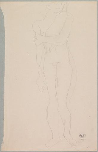 FEMME NUE DEBOUT, DE FACE SE TENANT UN BRAS_0