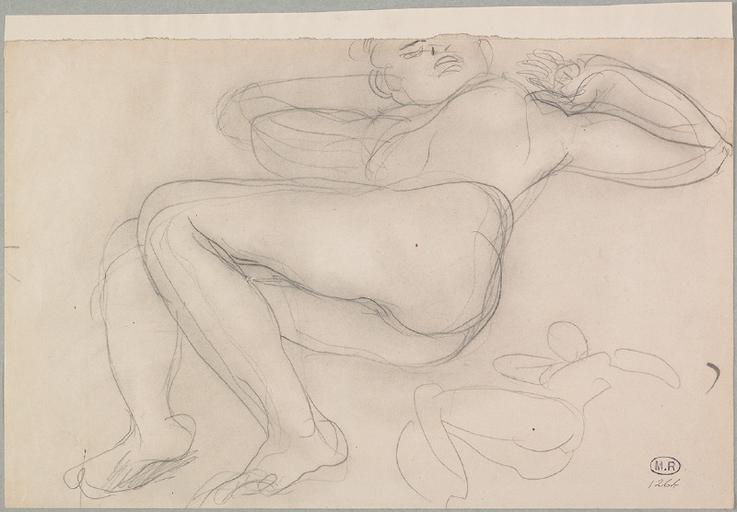 FEMME NUE A DEMI ALLONGEE VERS LA GAUCHE, BRAS ET JAMBES PLIES ; REPRISE DE LA SILHOUETTE EN BAS A DROITE_0