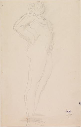 FEMME NUE CAMBREE, DE PROFIL VERS LA DROITE, LES MAINS AUX HANCHES_0