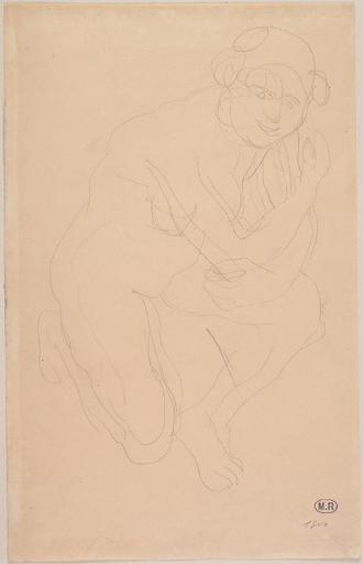 FEMME NUE APPUYEE SUR LA CUISSE, UN GENOU EN TERRE VERS LA DROITE_0