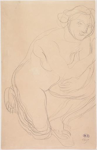 FEMME NUE APPUYEE SUR LA CUISSE, UN GENOU EN TERRE VERS LA DROITE_0