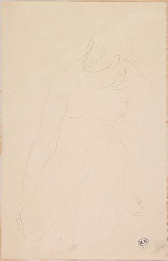 FEMME NUE, ASSISE SUR LES TALONS, MAIN AU MOLLET_0