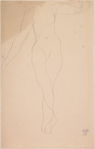 FEMME NUE DEBOUT, DE FACE, BRAS ECARTES, JAMBES CROISEES ; LA TETE EST COUPEE PAR LE BORD DE LA FEUILLE_0