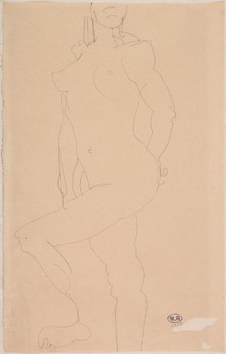 FEMME NUE DEBOUT VERS LA GAUCHE, UNE JAMBE SOULEVEE ; LE VISAGE EST COUPE PAR LE BORD DE LA FEUILLE_0