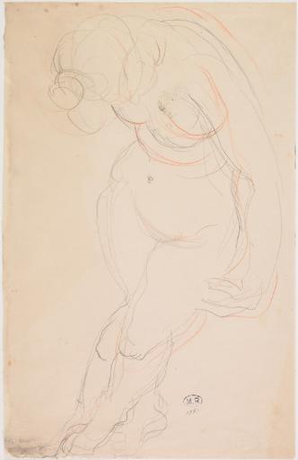 FEMME NUE DEBOUT, PIEDS CROISES, TETE BAISSEE_0