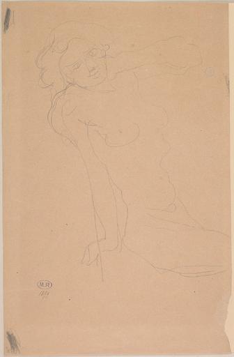 FEMME NUE ASSISE VERS LA DROITE, UNE MAIN A LA NUQUE L'AUTRE EN APPUI AU RECTO ; VISAGE DE FEMME, SEXE DE FEMME (RAYE) , SEXE D'HOMME (RAYE) AU VERSO_0