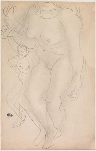 FEMME NUE DEBOUT VERS LA GAUCHE, PIEDS CROISES ; REPRISE DE LA SILHOUETTE SUR LA GAUCHE ; LE VISAGE EST COUPE PAR LE BORD DE LA FEUILLE_0